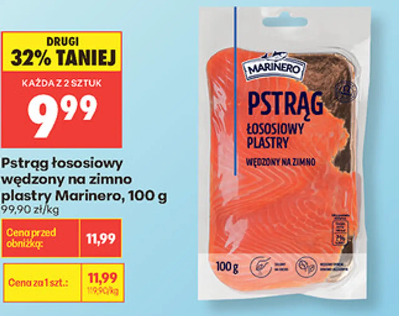 Pstrąg łososiowy wędzony na zimno plastry Marinero, 100 g