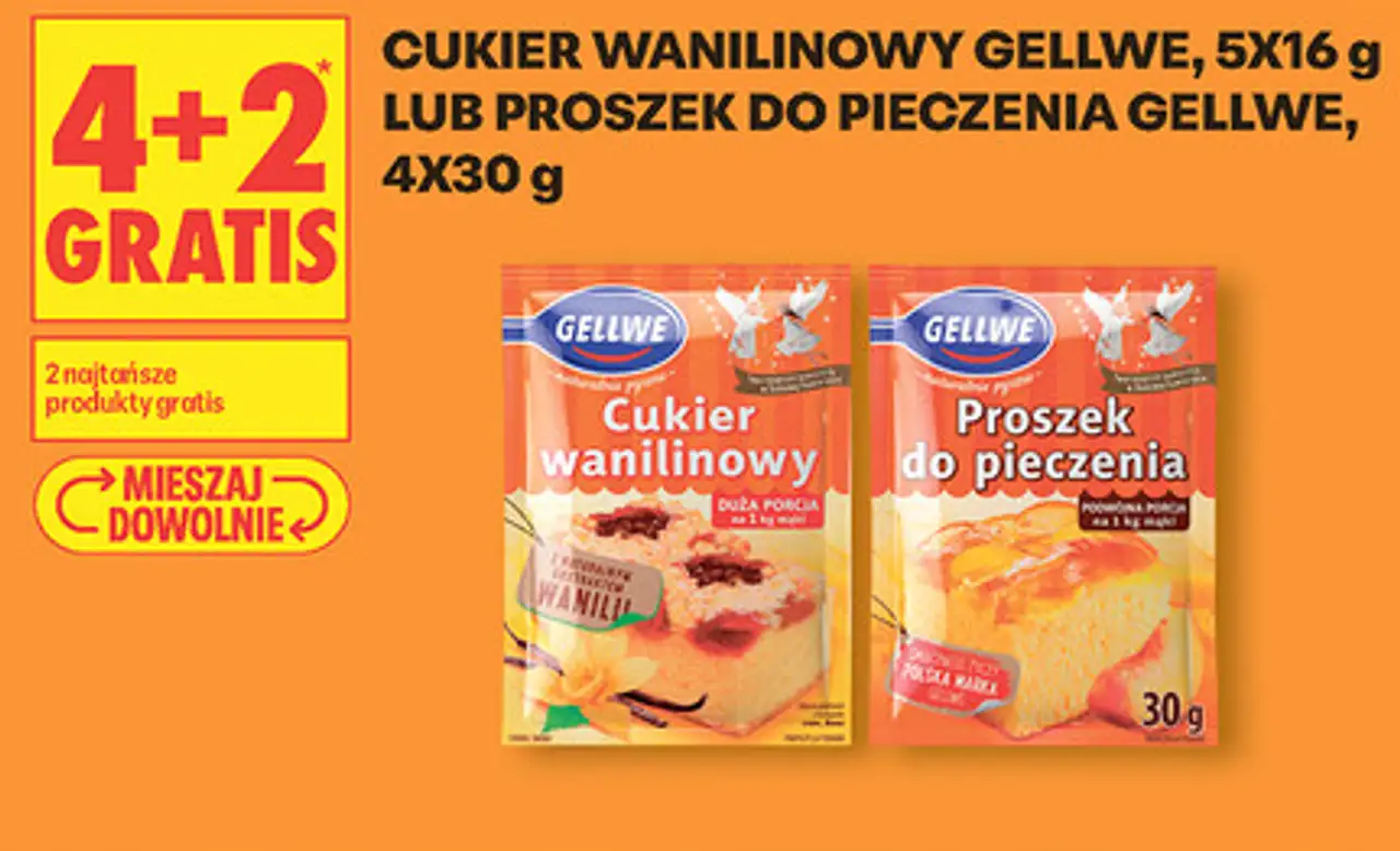 Cukier wanilinowy Gellwe, 5x16 g lub proszek do pieczenia Gellwe, 4x30 g
