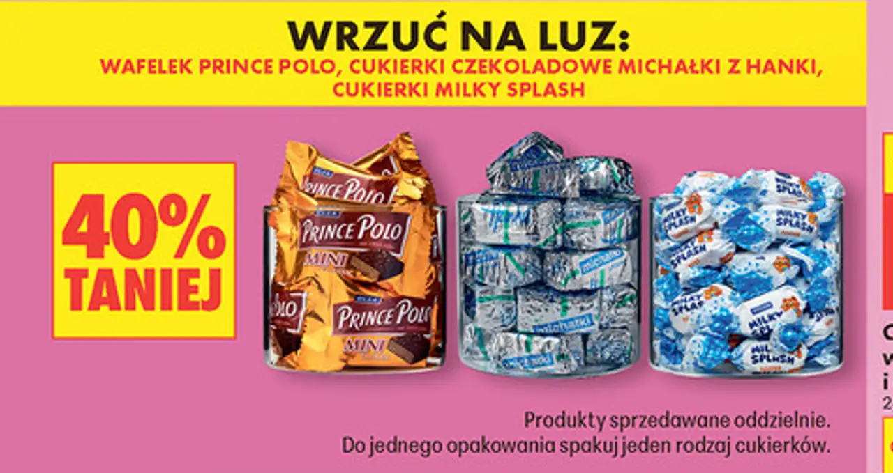 Wafelek Prince Polo, cukierki czekoladowe Michałki z Hanki, cukierki Milky Splash