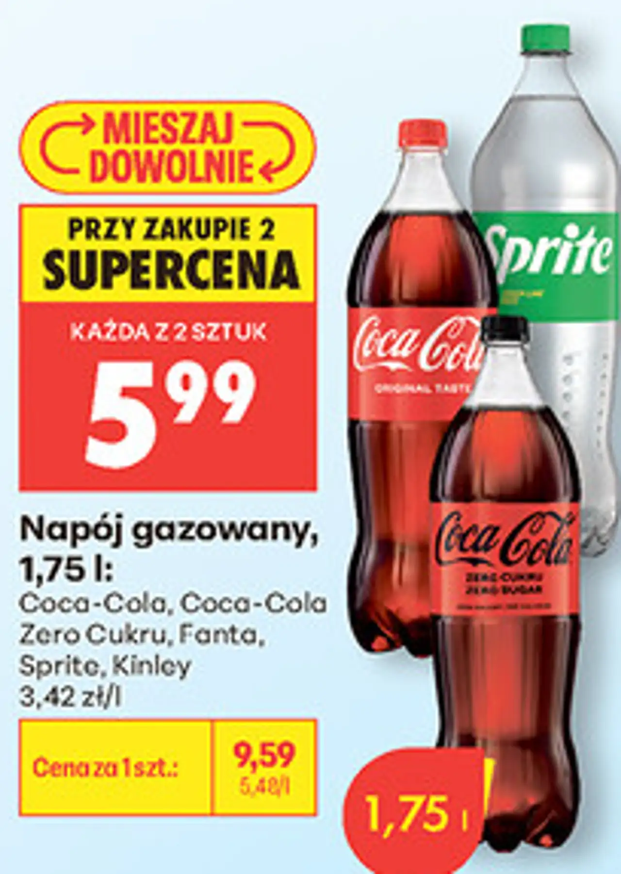 Napój gazowany, 1,75 l Coca-Cola, Fanta, Sprite, Kinley