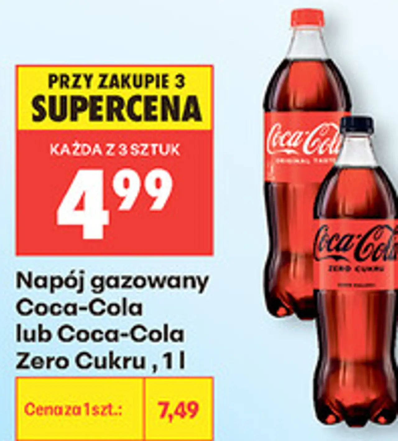 Napój gazowany Coca-Cola lub Coca-Cola Zero Cukru, 1 l