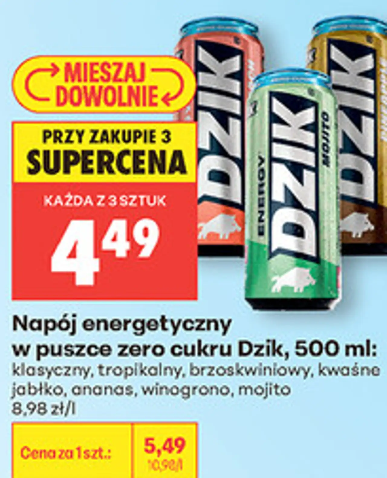 Napój energetyczny w puszce zero cukru Dzik, 500 ml