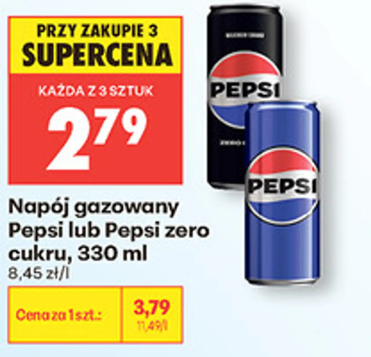 Napój gazowany Pepsi lub Pepsi zero cukru, 330 ml