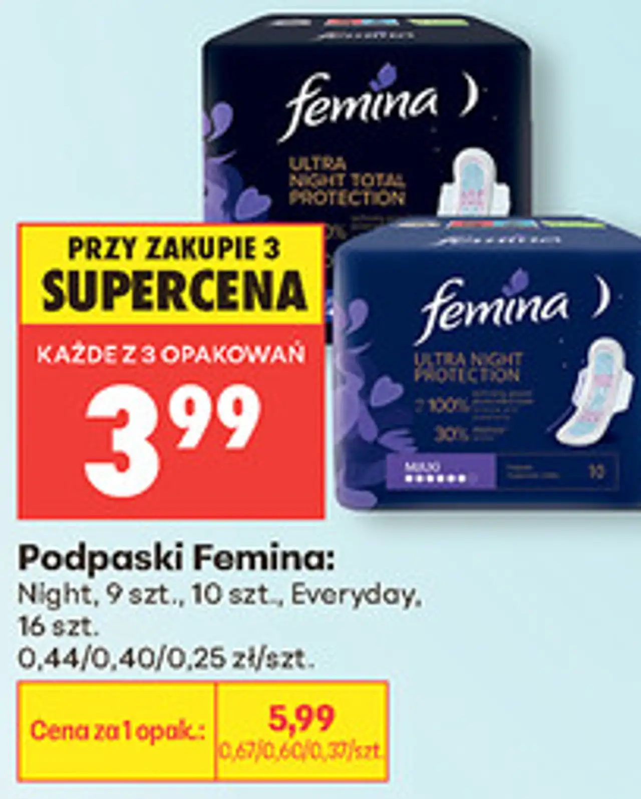Podpaski Femina: Night, 9 szt., 10 szt., Everyday, 16 szt.
