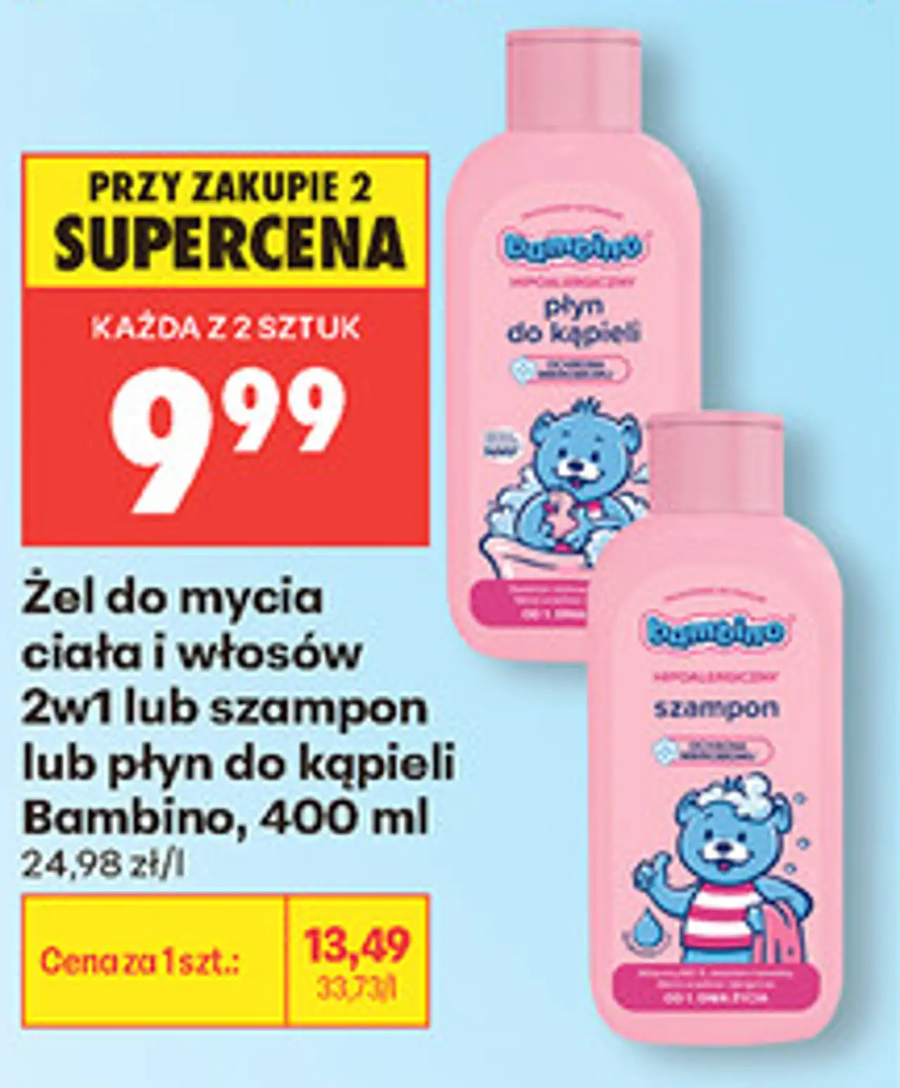 Żel do mycia ciała i włosów 2w1 lub szampon lub płyn do kąpieli Bambino, 400 ml