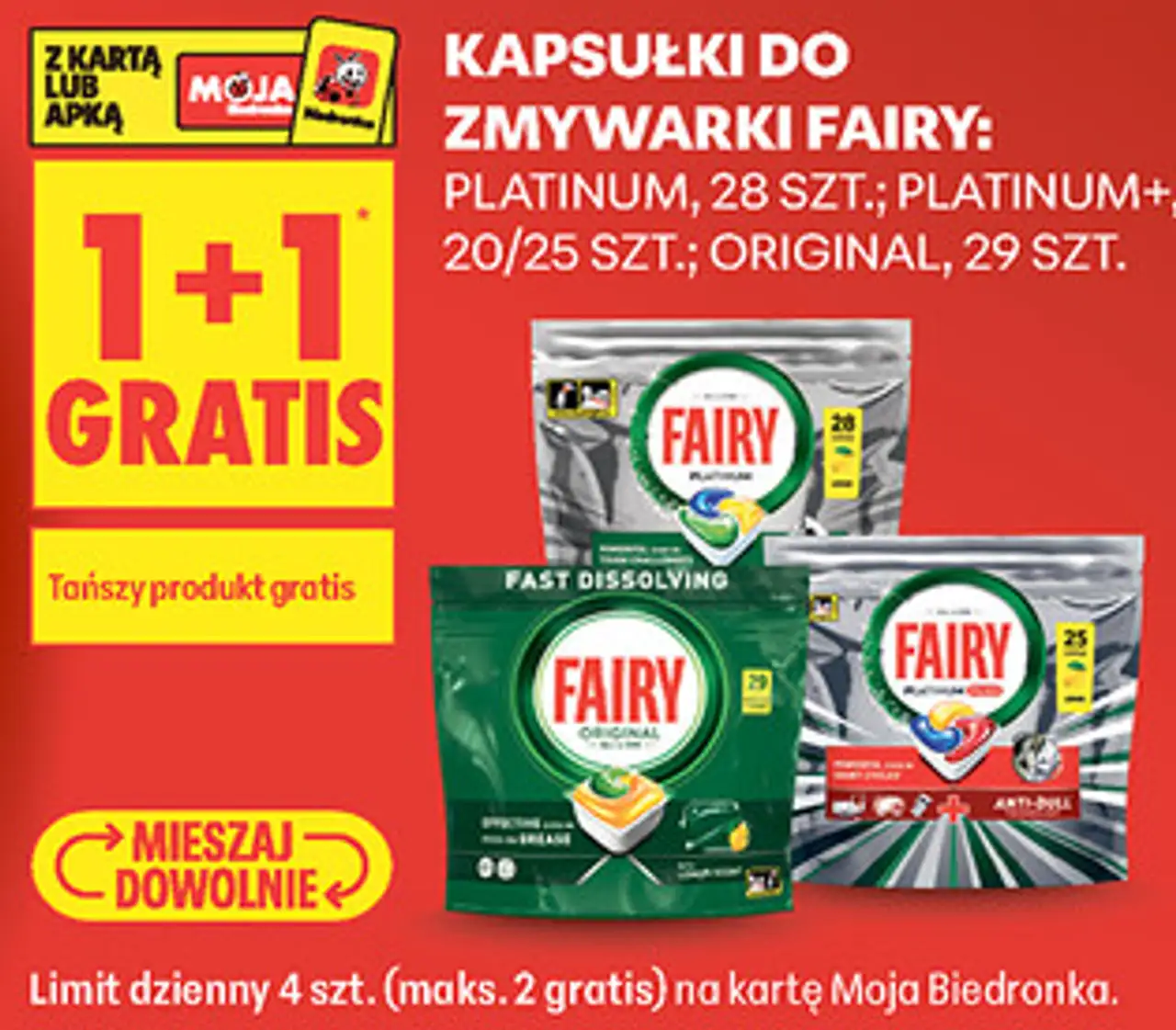 Kapsułki do zmywarki Fairy: Platinum, 28 szt.; Platinum+, 20/25 szt.; Original, 29 szt.