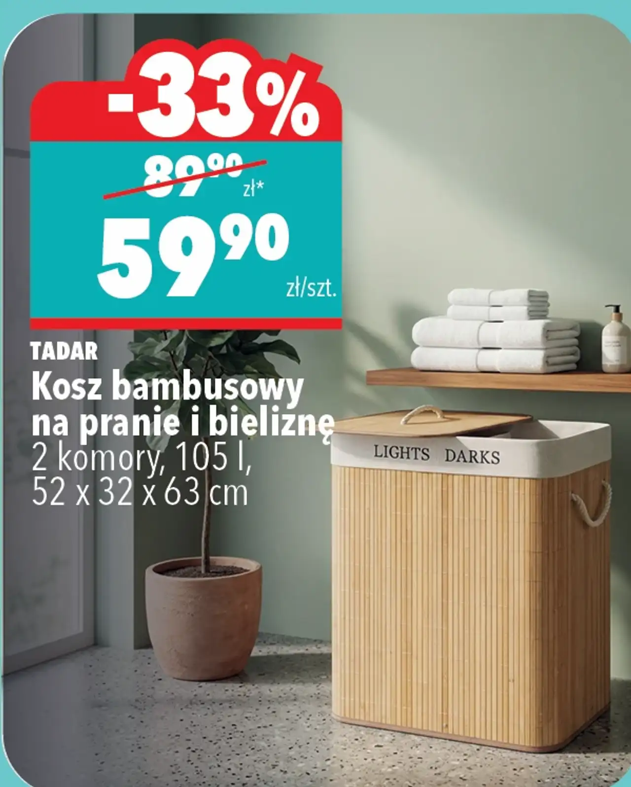 TADAR Kosz bambusowy na pranie i bieliznę 2 komory