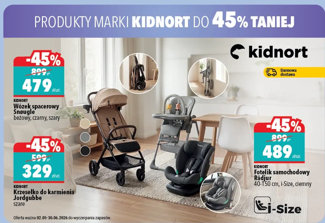Produkty marki Kidnort (Wózek spacerowy Snøugle, Krzesełko do karmienia Jordgubbe, Fotelik samochodowy Rådjur)