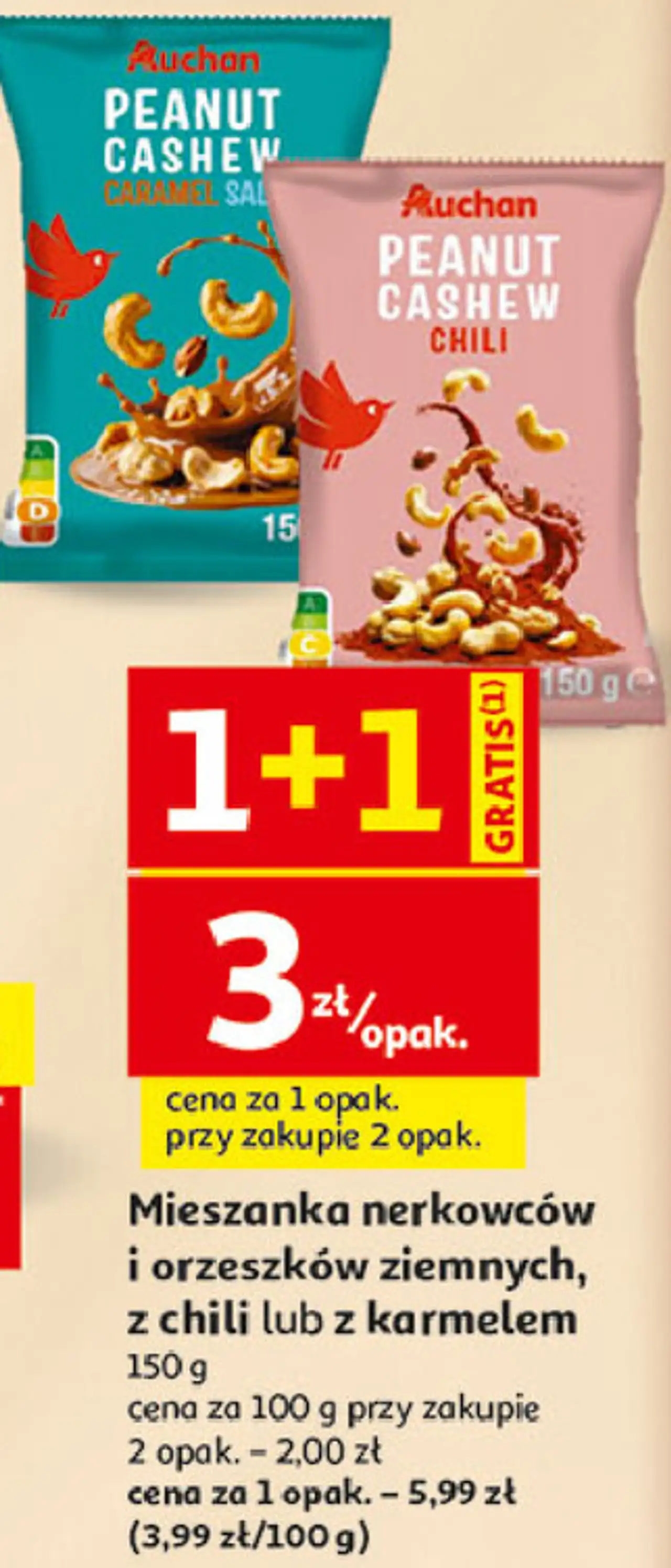 Mieszanka nerkowców i orzeszków ziemnych, z chili lub z karmelem Auchan