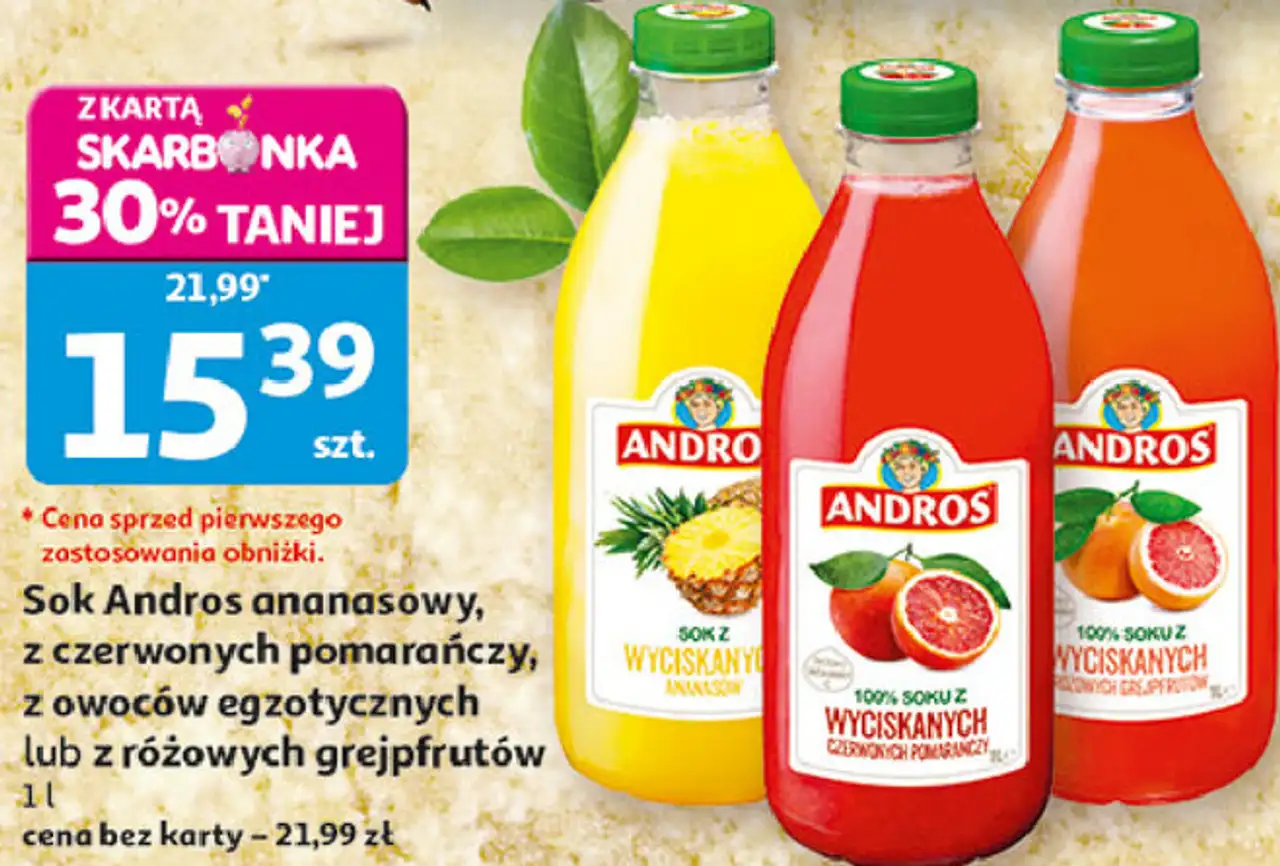 Andros Sok ananasowy, z czerwonych pomarańczy, z owoców egzotycznych lub z różowych grejpfrutów