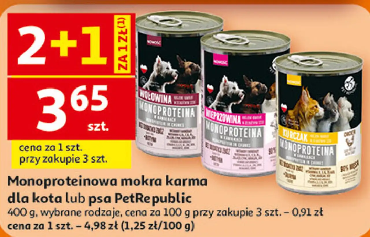 Monoproteinowa mokra karma dla kota lub psa PetRepublic, 400 g