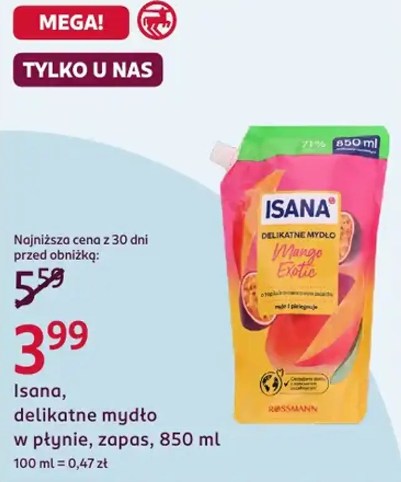 Isana, delikatne mydło w płynie, zapas, 850 ml