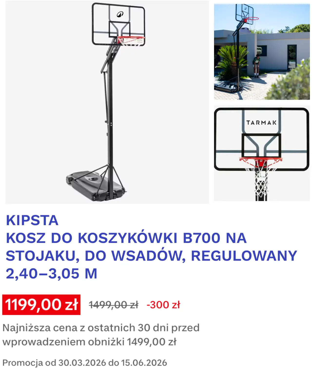KIPSTA KOSZ DO KOSZYKÓWKI B700 NA STOJAKU, DO WSADÓW, REGULOWANY 2,40-3,05 M
