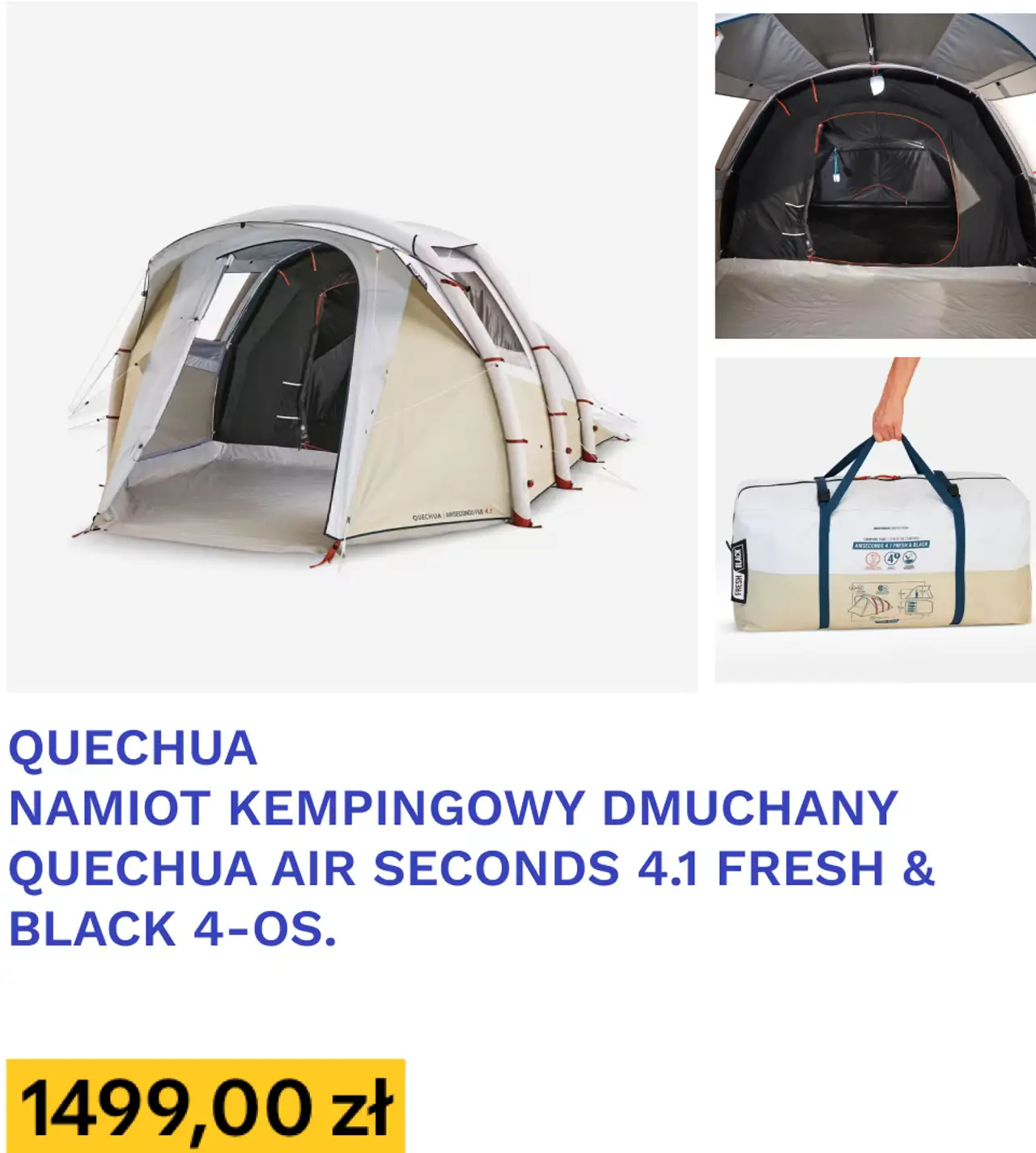 QUECHUA NAMIOT KEMPINGOWY DMUCHANY QUECHUA AIR SECONDS 4.1 FRESH & BLACK 4-OS.