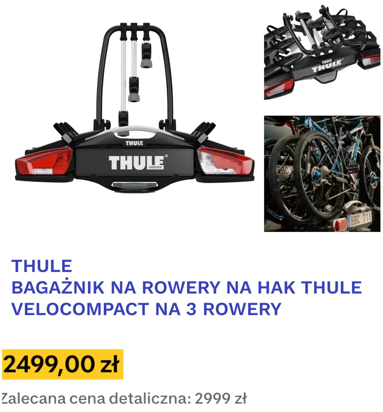 THULE BAGAŻNIK NA ROWERY NA HAK THULE VELOCOMPACT NA 3 ROWERY