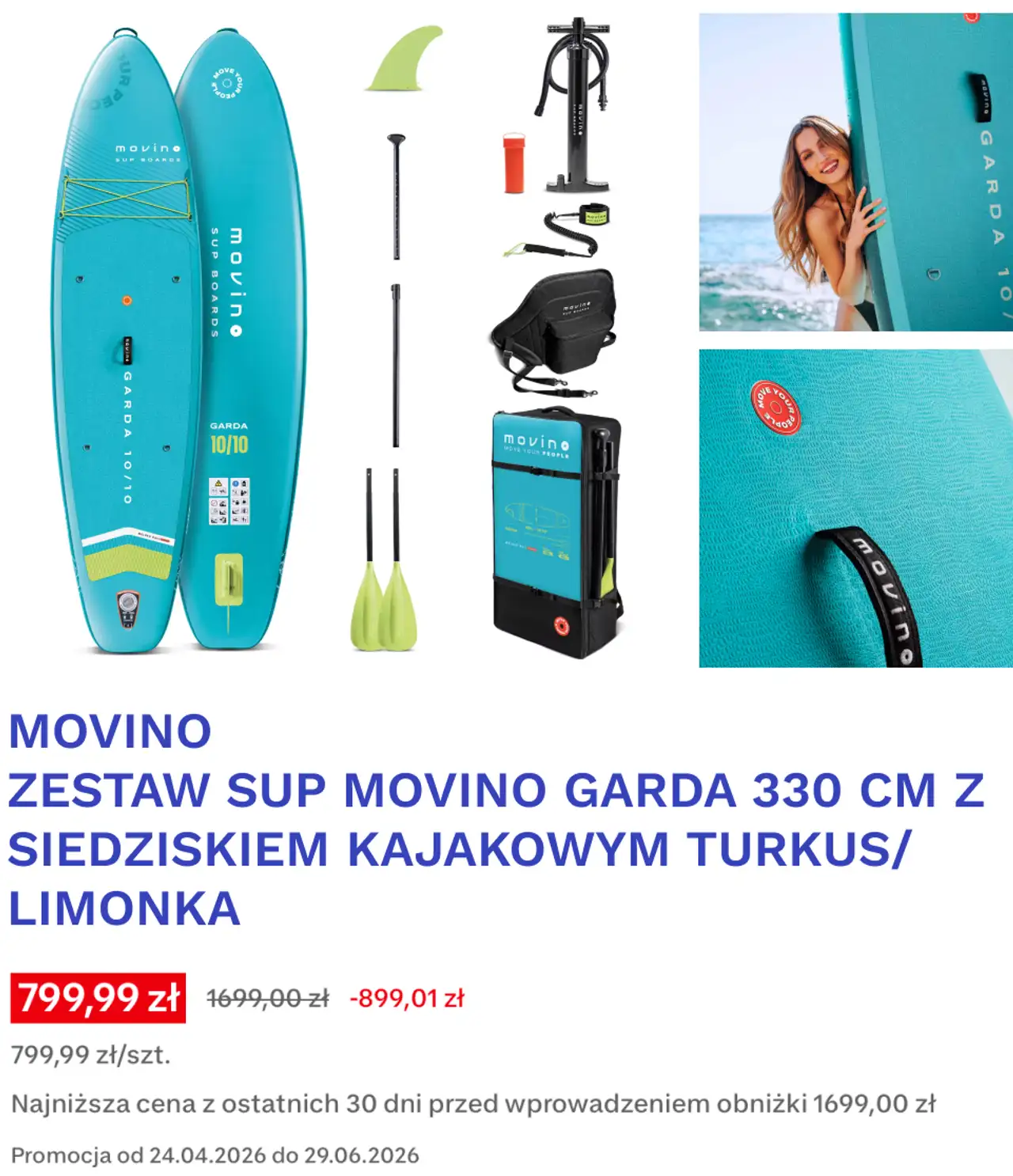 ZESTAW SUP MOVINO GARDA 330 CM Z SIEDZISKIEM KAJAKOWYM TURKUS/ LIMONKA
