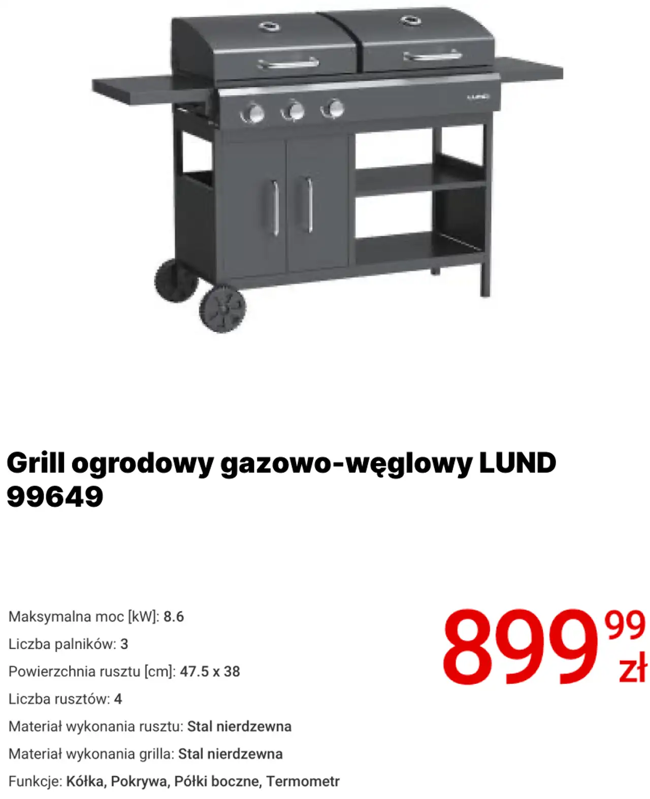Grill ogrodowy gazowo-węglowy LUND 99649