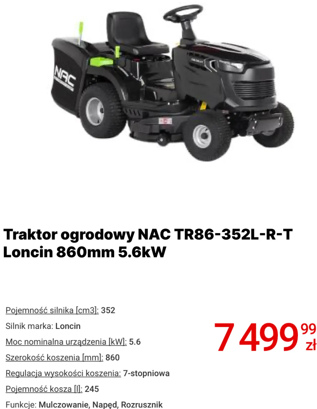 Traktor ogrodowy NAC TR86-352L-R-T Loncin 860mm 5.6kW