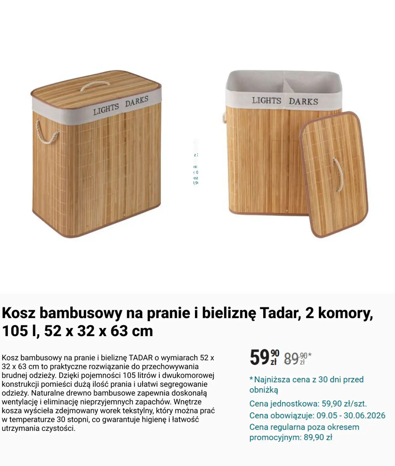 Kosz bambusowy na pranie i bieliznę Tadar