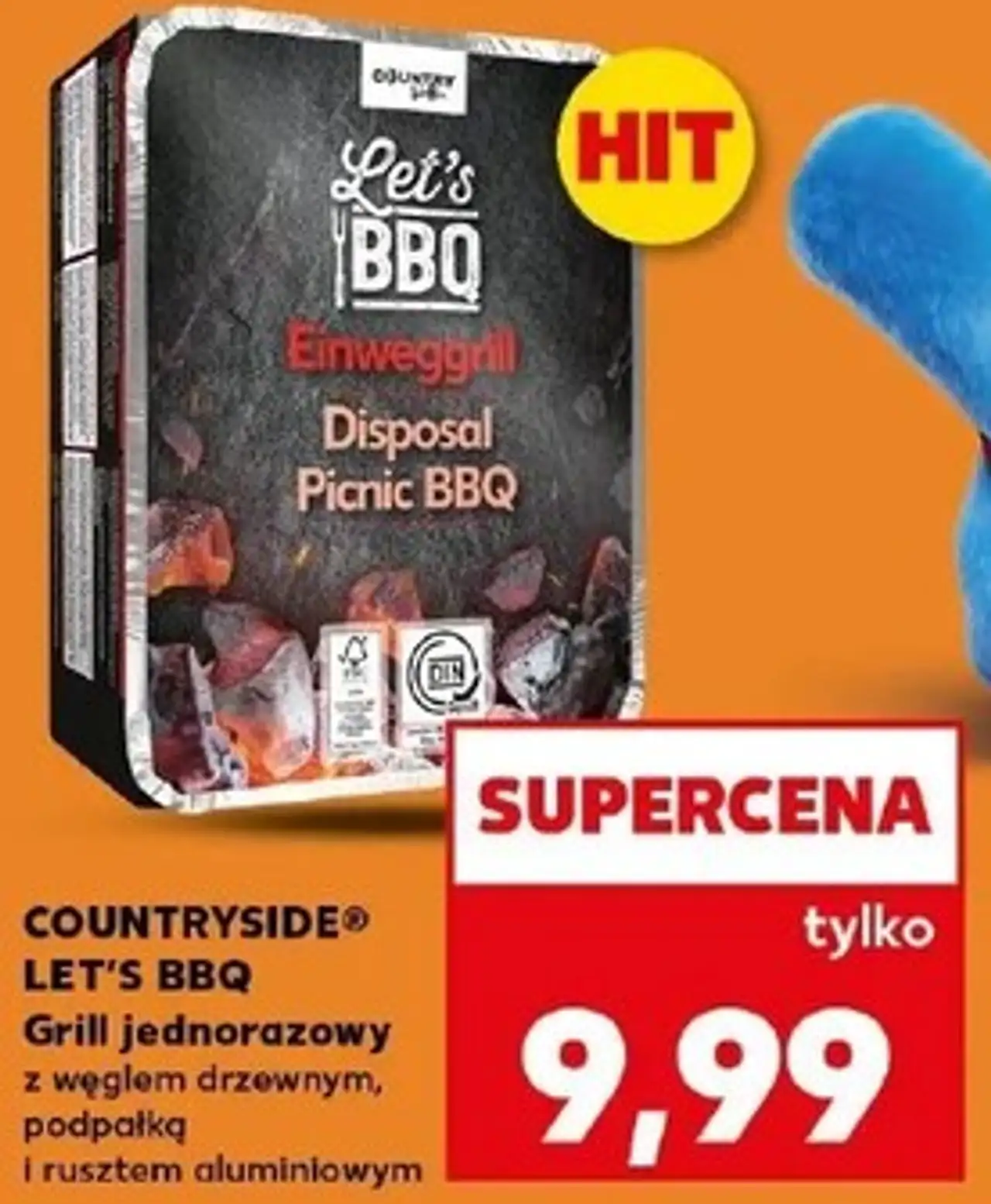 Countryside Let's BBQ Grill jednorazowy z węglem drzewnym, podpałką i rusztem aluminiowym