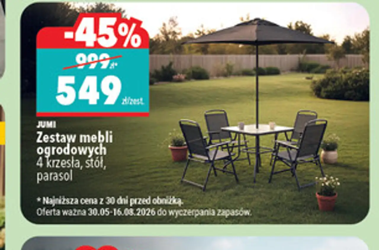 Jumi Zestaw mebli ogrodowych (4 krzesła, stół, parasol)