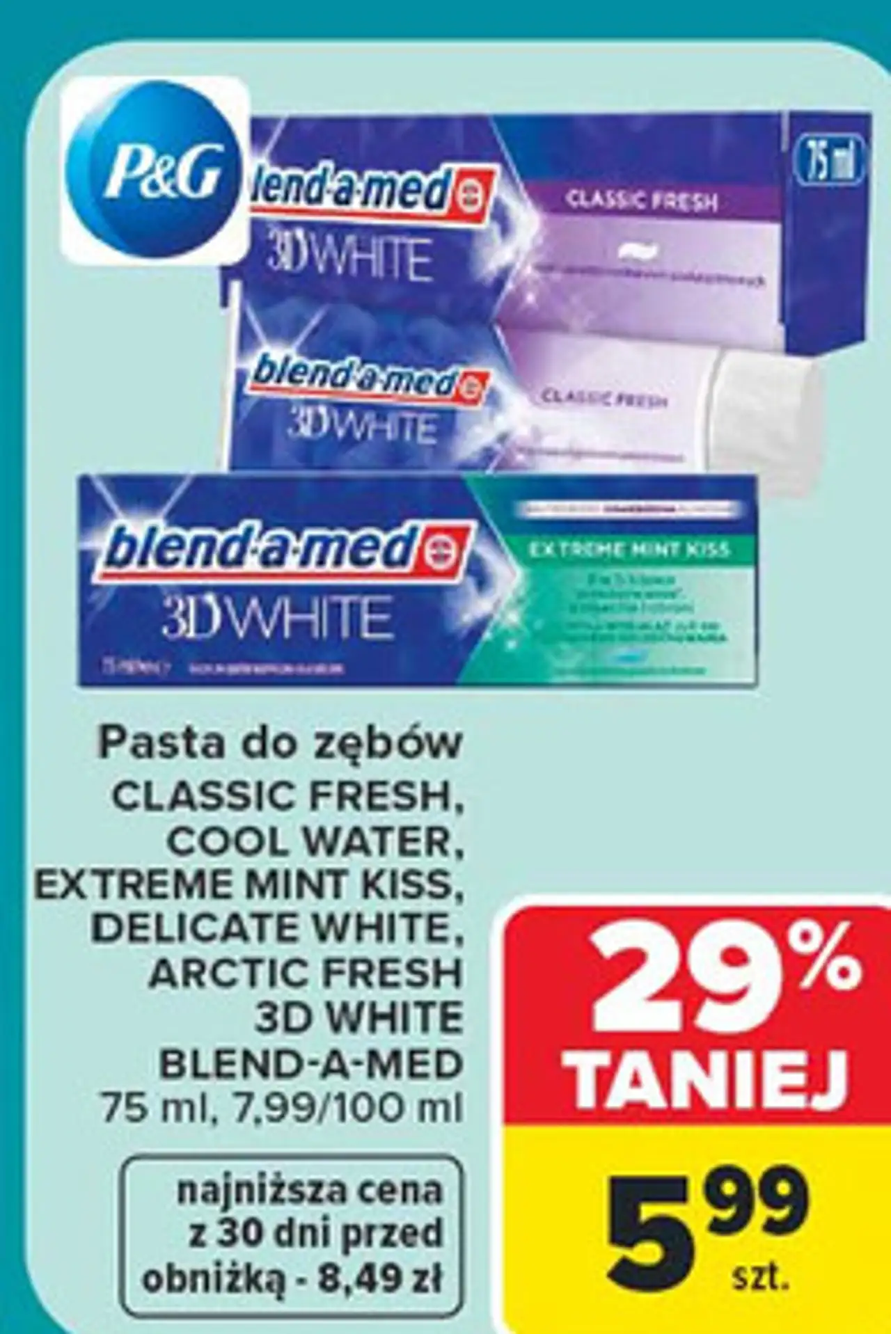 Pasta do zębów Blend-a-med Classic Fresh, Cool Water, Extreme Mint Kiss, Delicate White, Arctic Fresh 3D White