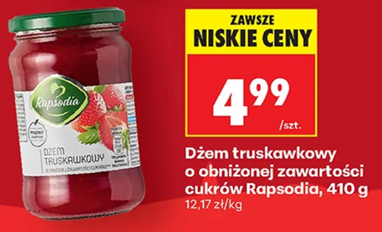 Dżem truskawkowy o obniżonej zawartości cukrów Rapsodia, 410 g