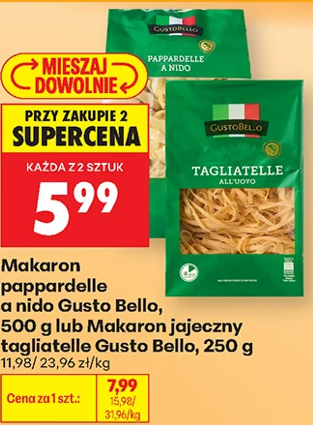 Makaron pappardelle a nido Gusto Bello, 500 g lub Makaron jajeczny tagliatelle Gusto Bello, 250 g