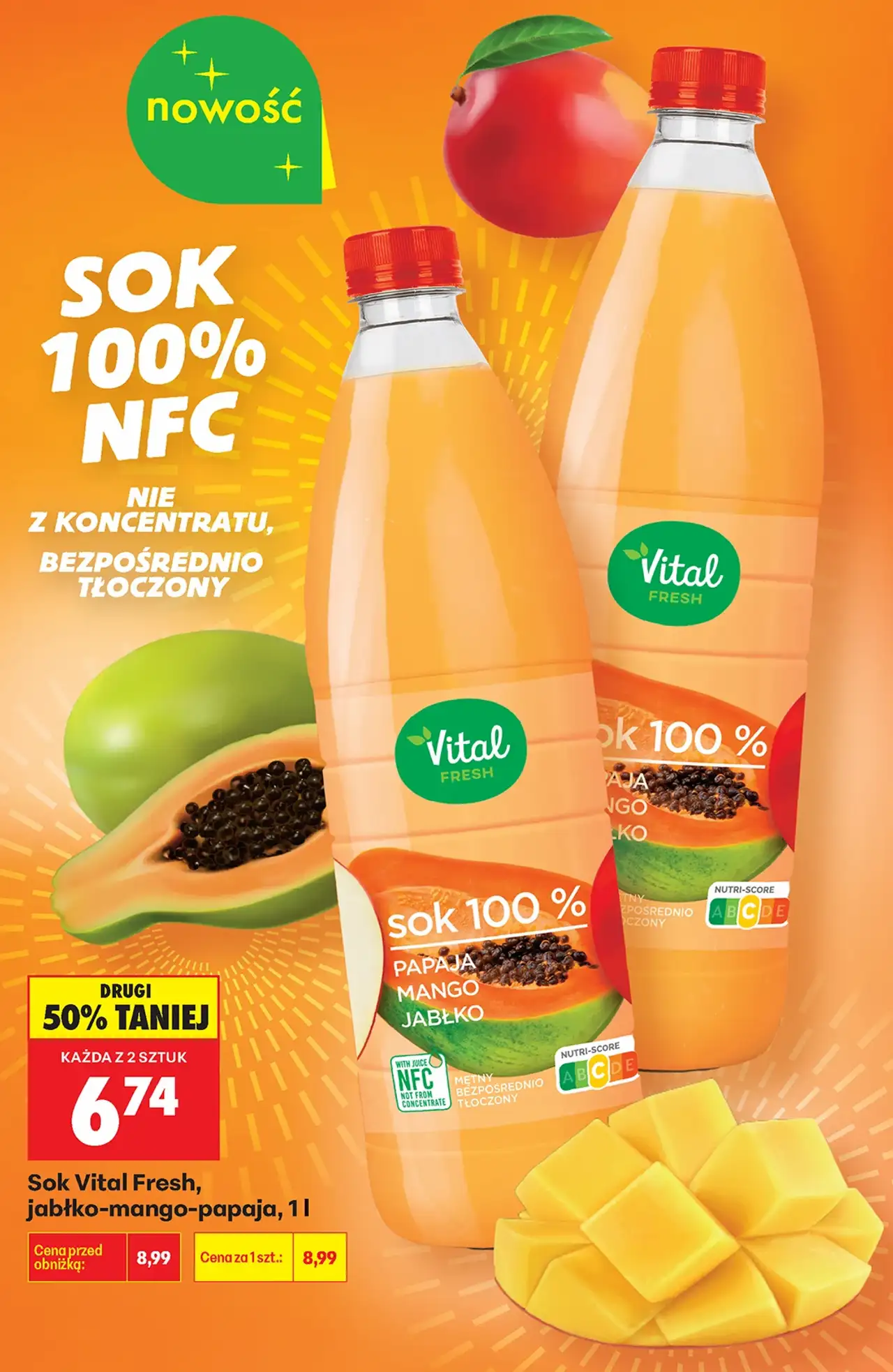 Sok Vital Fresh, jabłko-mango-papaja, 1 l