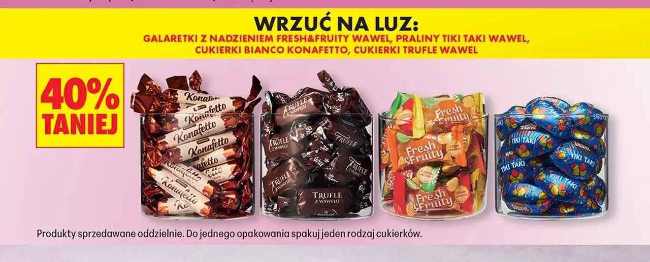 Galaretki z nadzieniem Fresh&Fruity Wawel, praliny Tiki Taki Wawel, cukierki Bianco Konafetto, cukierki Trufle Wawel