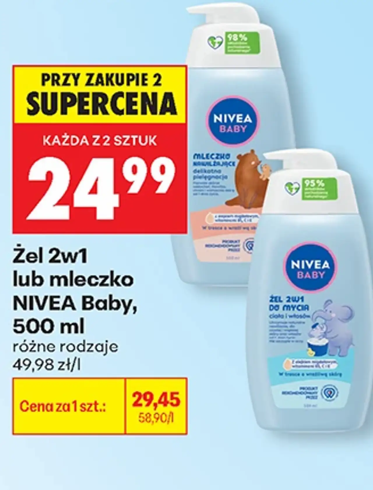 Żel 2w1 lub mleczko NIVEA Baby, 500 ml