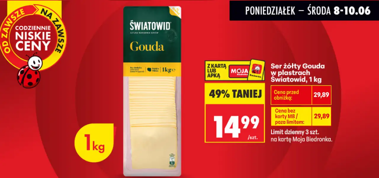 Ser żółty Gouda w plastrach Światowid, 1 kg