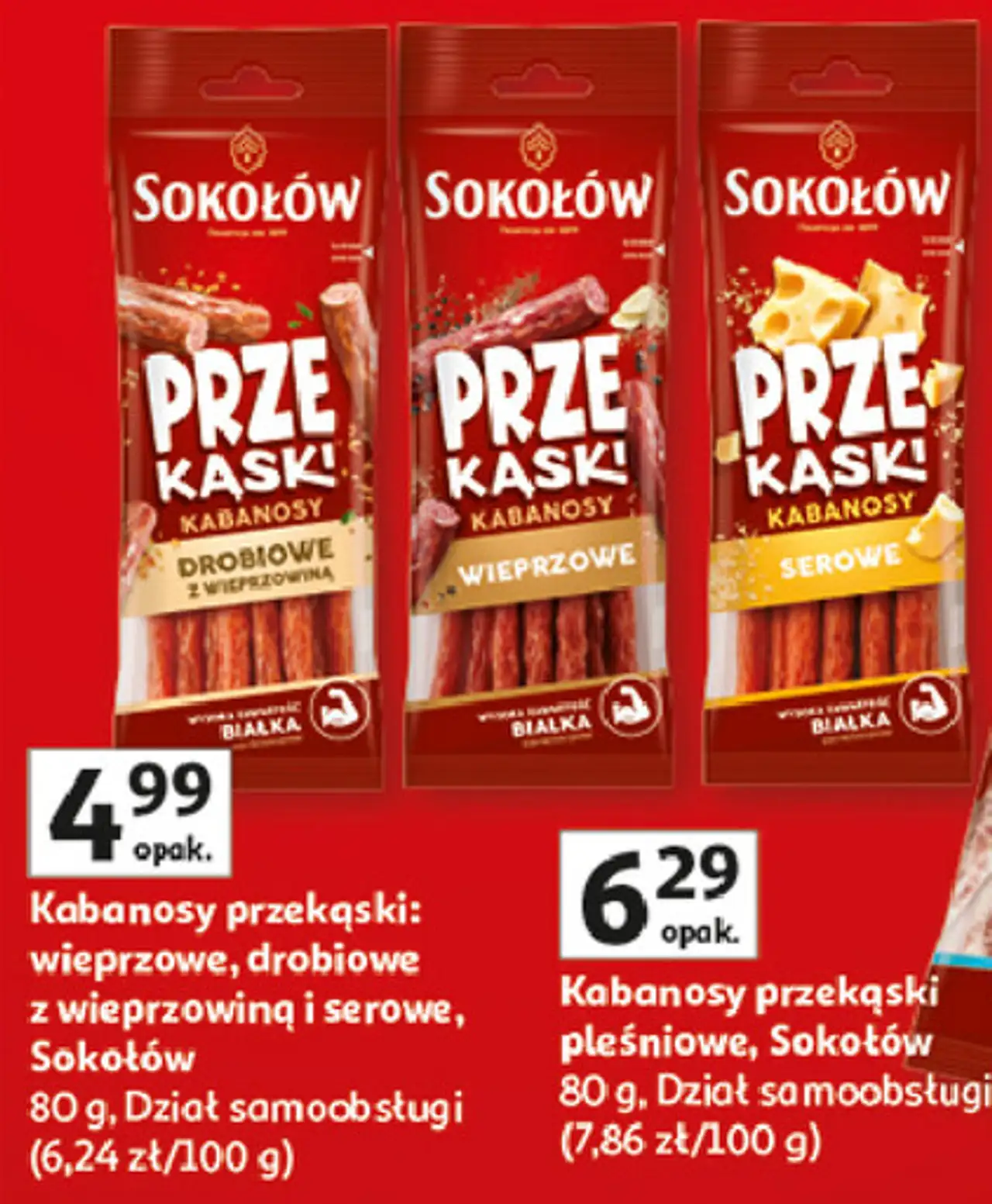 Kabanosy przekąski: wieprzowe, drobiowe z wieprzowiną i serowe, Sokołów