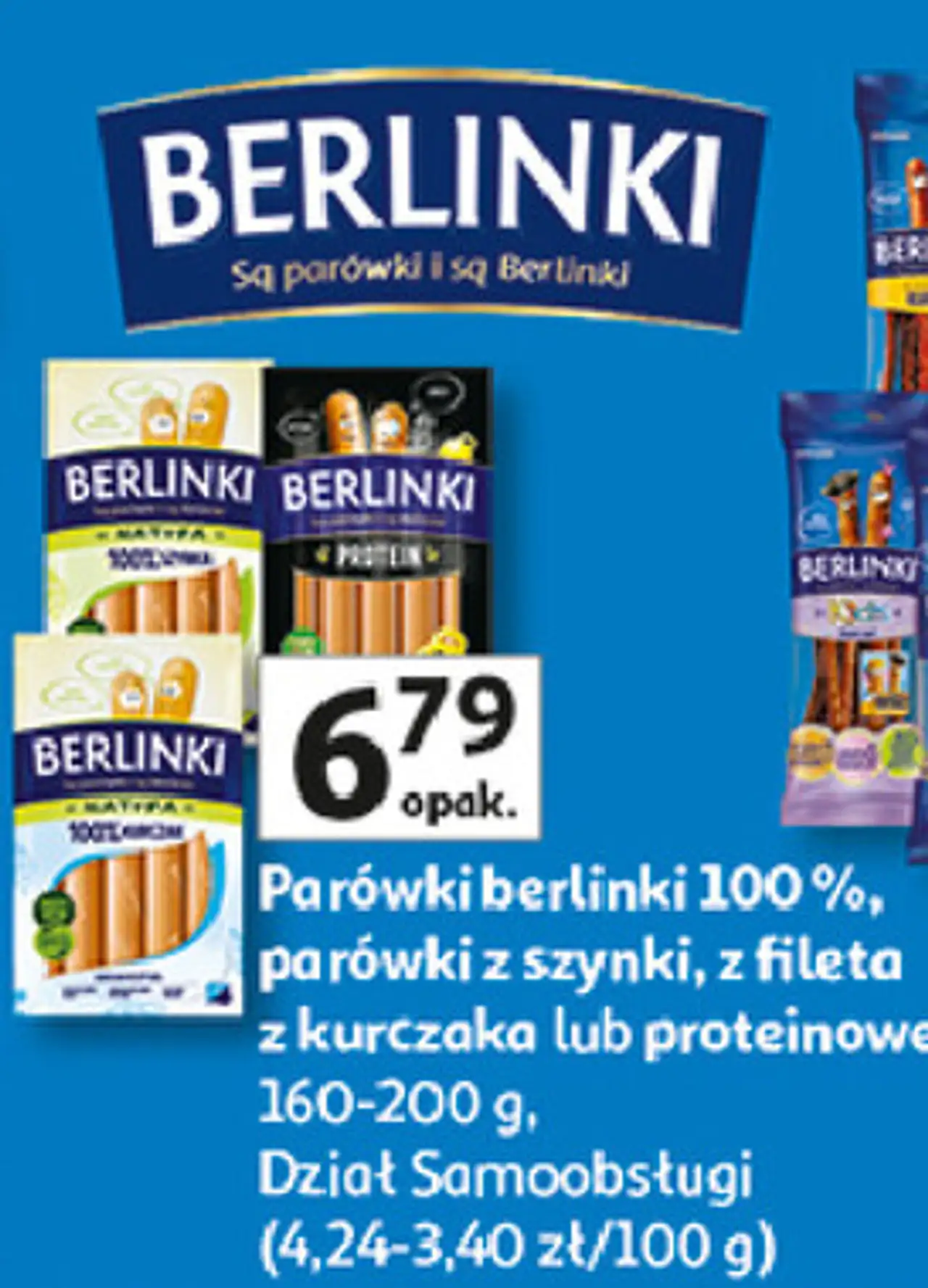 Parówki berlinki 100%, parówki z szynki, z fileta z kurczaka lub proteinowe, Berlinki