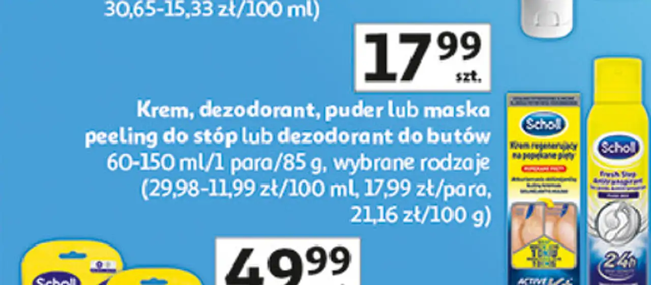 Krem, dezodorant, puder, maska peeling do stóp lub dezodorant do butów Scholl