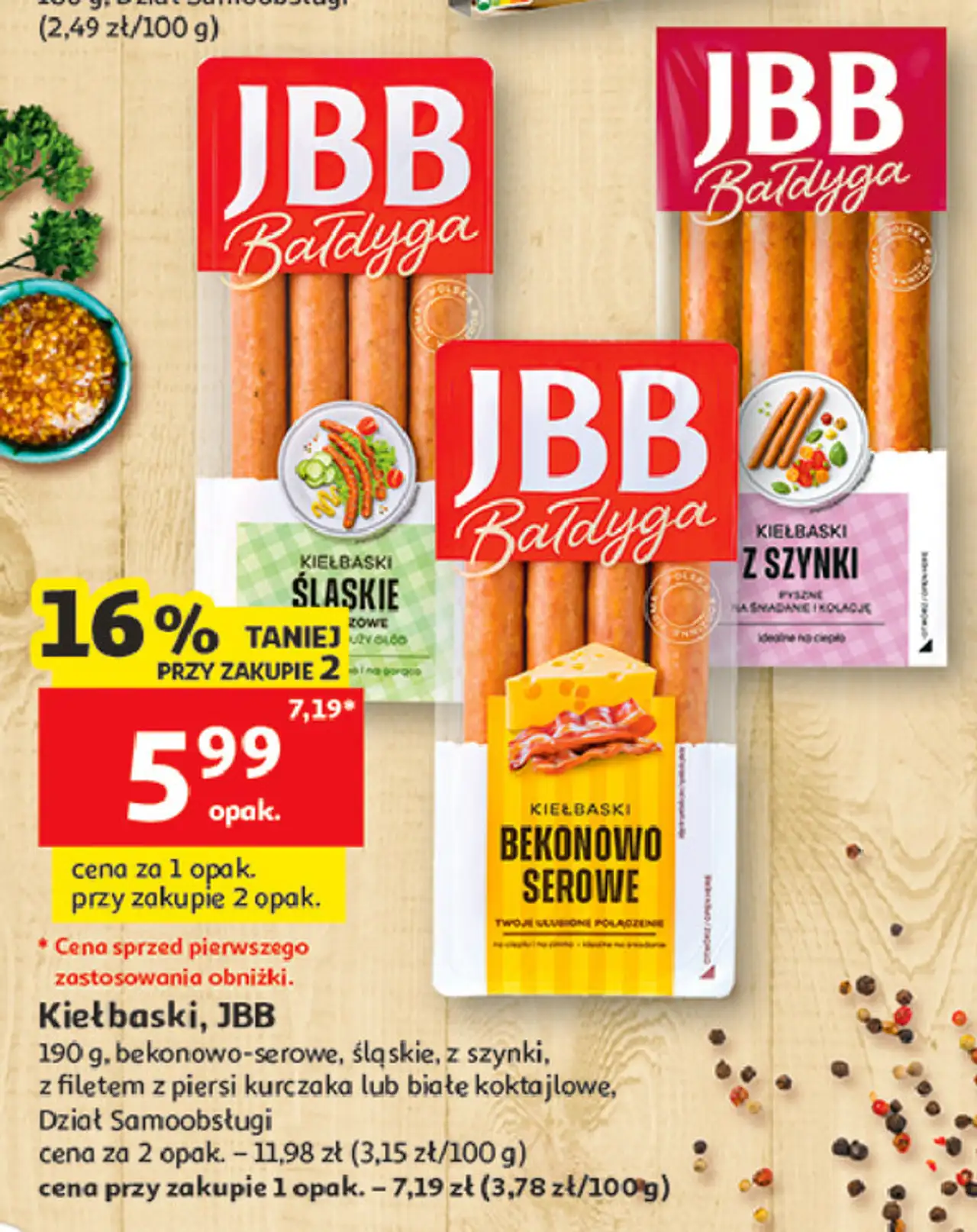Kiełbaski JBB (bekonowo-serowe, śląskie, z szynki, z filetem z piersi kurczaka lub białe koktajlowe)