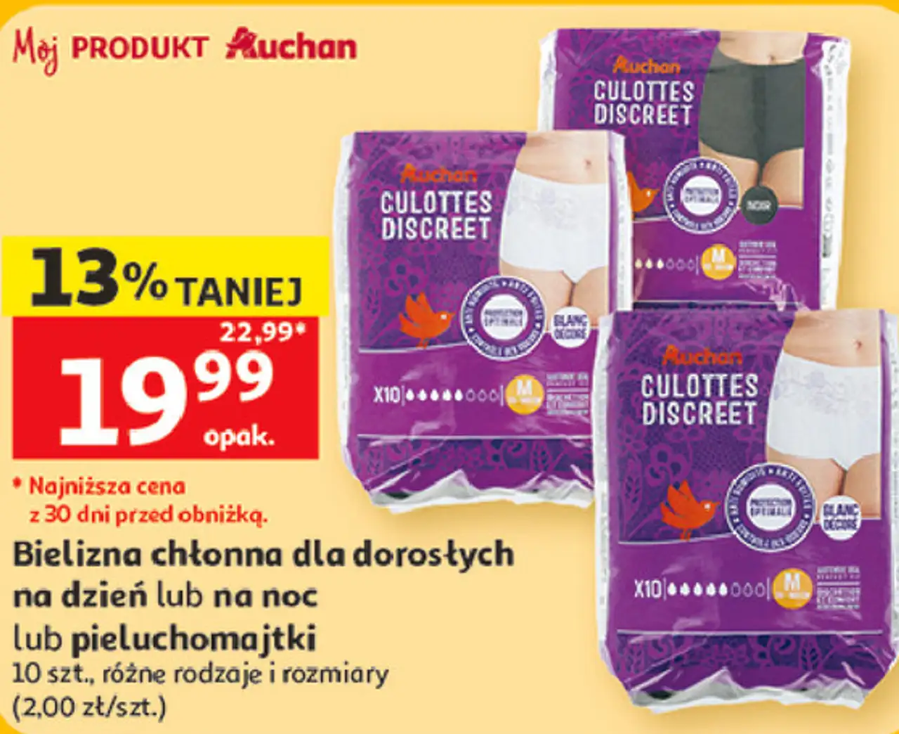 Bielizna chłonna dla dorosłych na dzień lub na noc lub pieluchomajtki Auchan