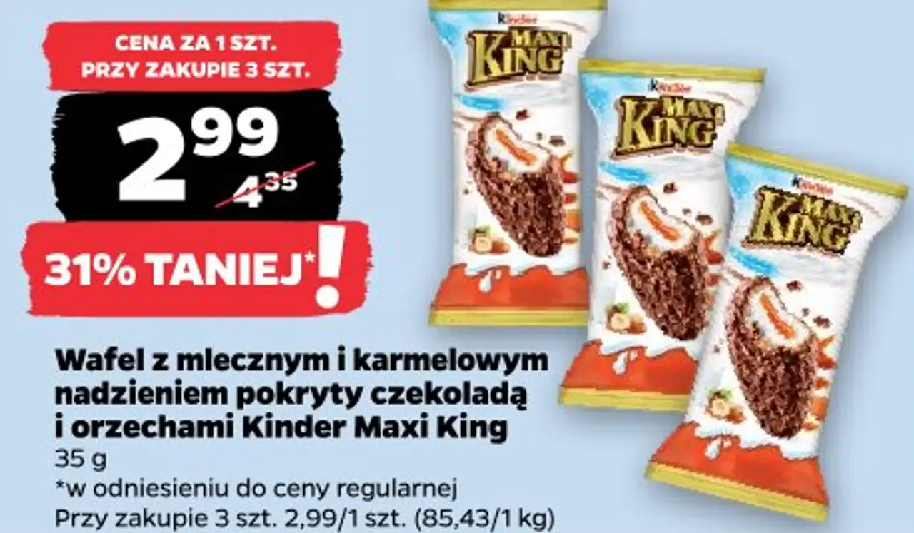 Wafel z mlecznym i karmelowym nadzieniem pokryty czekoladą i orzechami Kinder Maxi King