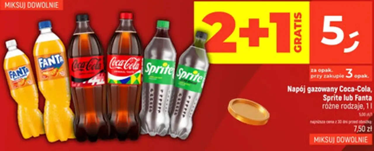 Napój gazowany Coca-Cola, Sprite lub Fanta różne rodzaje, 1 l