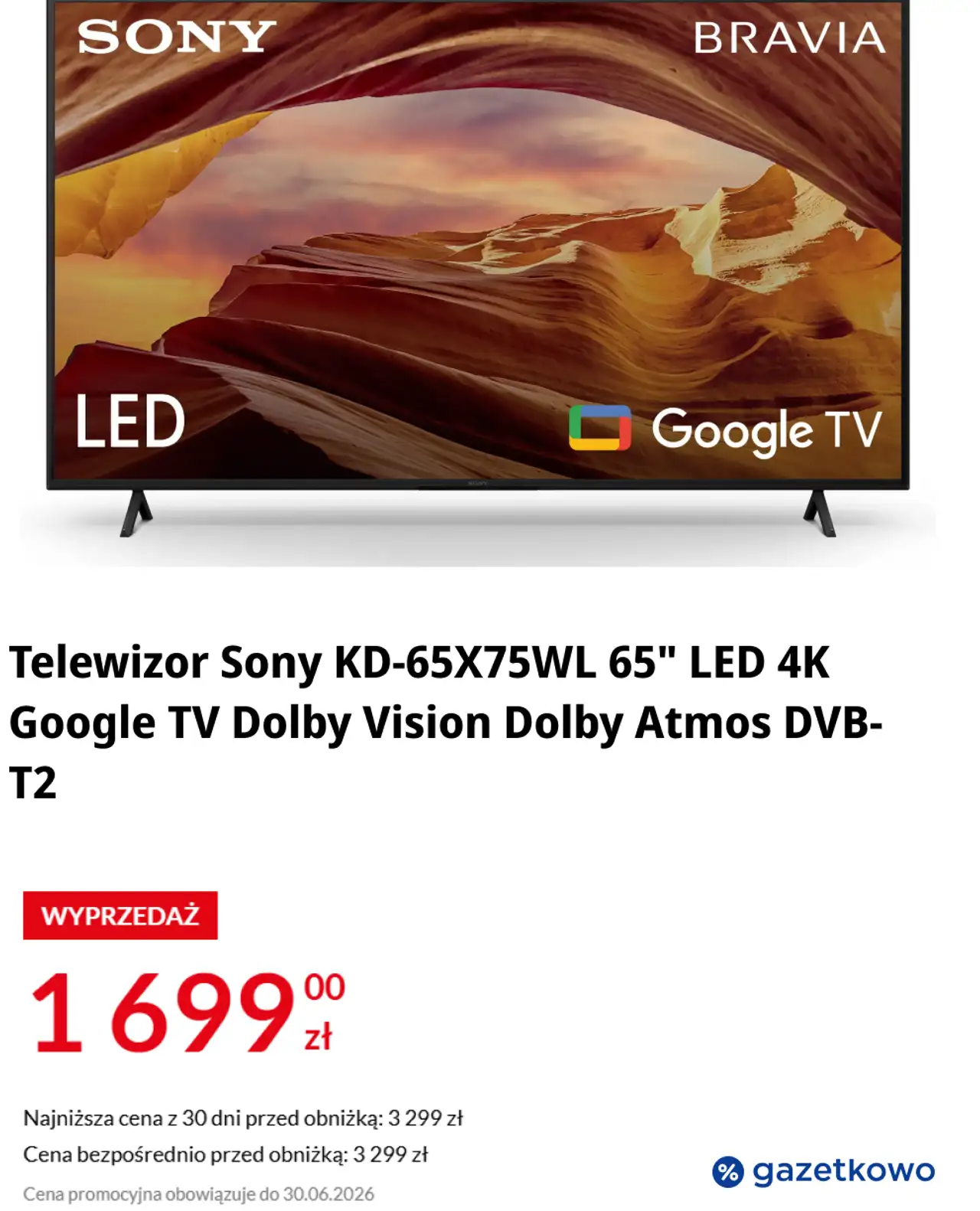 Telewizor Sony KD-65X75WL 65" LED 4K Google TV Dolby Vision Dolby Atmos DVB-T2