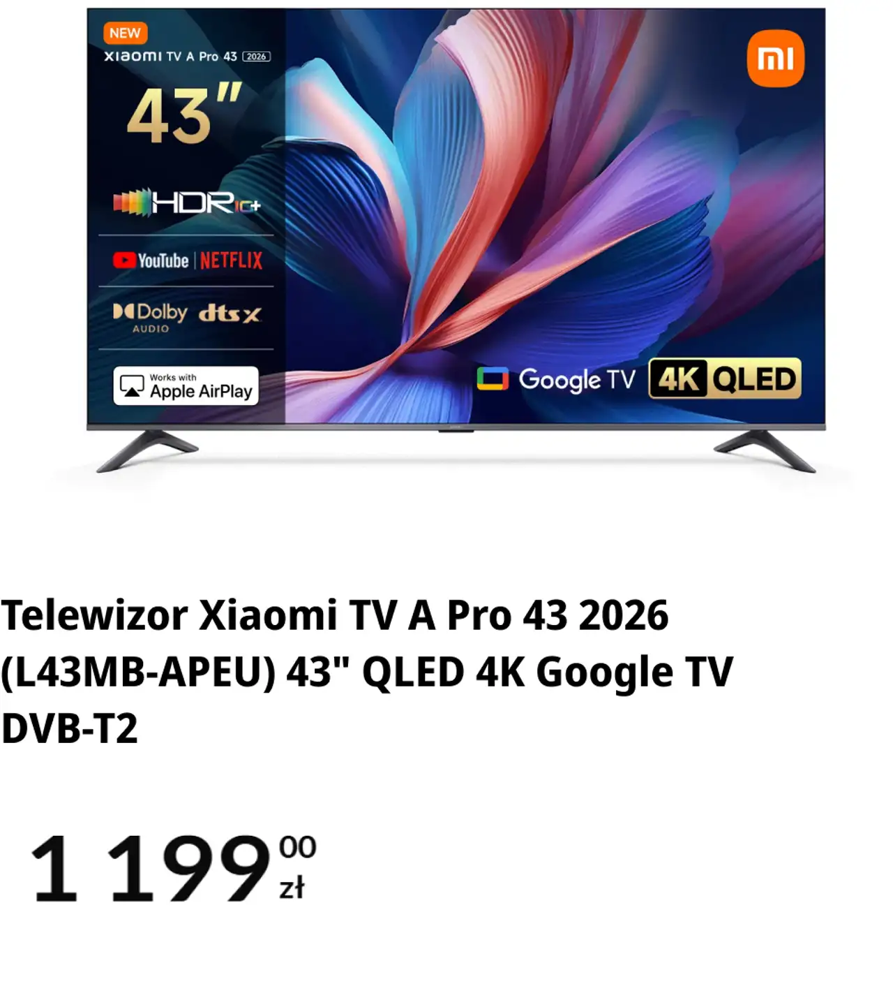 Telewizor Xiaomi TV A Pro 43 2026 (L43MB-APEU) 43" QLED 4K Google TV DVB-T2