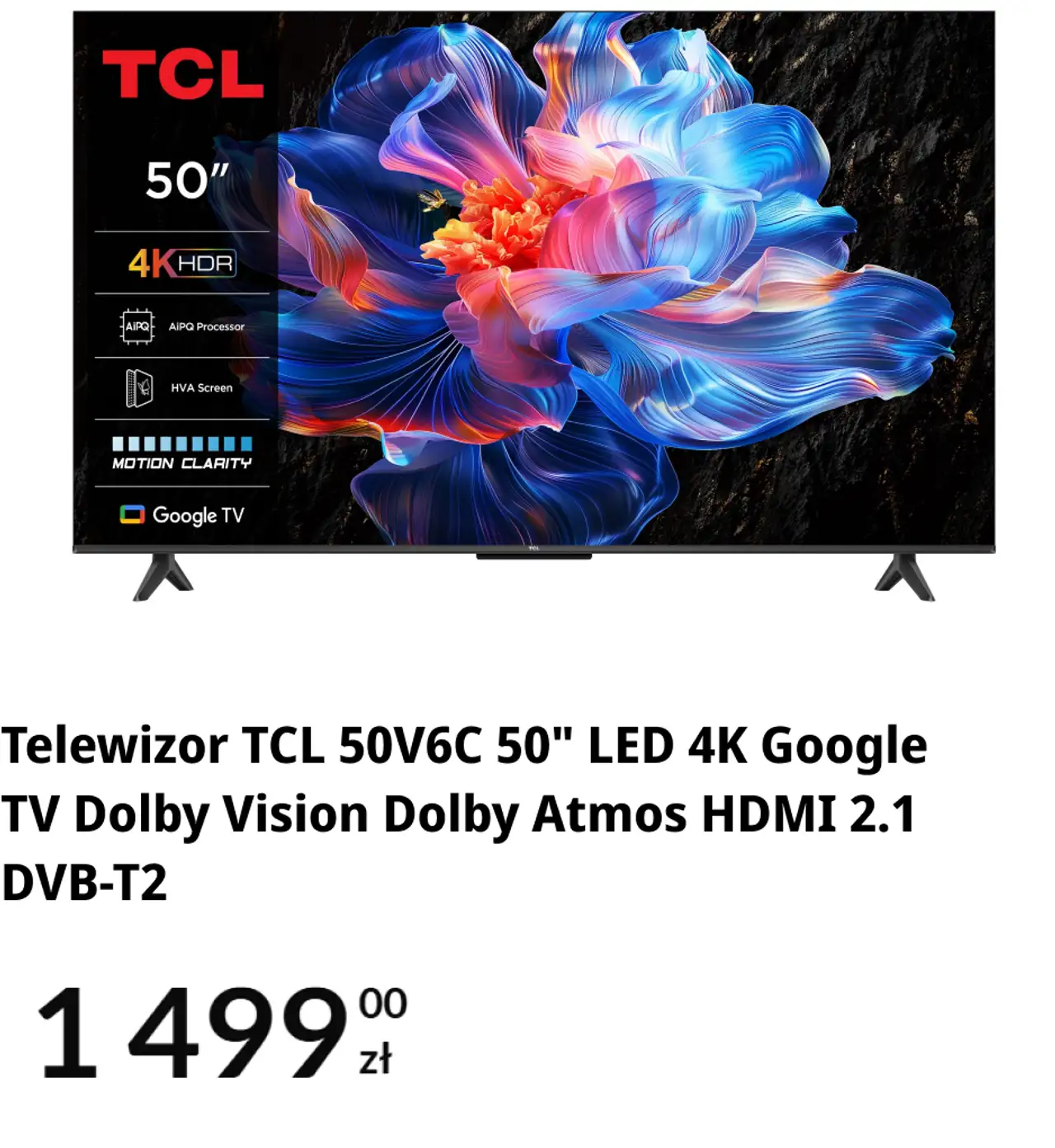 Telewizor TCL 50V6C 50" LED 4K Google TV Dolby Vision Dolby Atmos HDMI 2.1 DVB-T2
