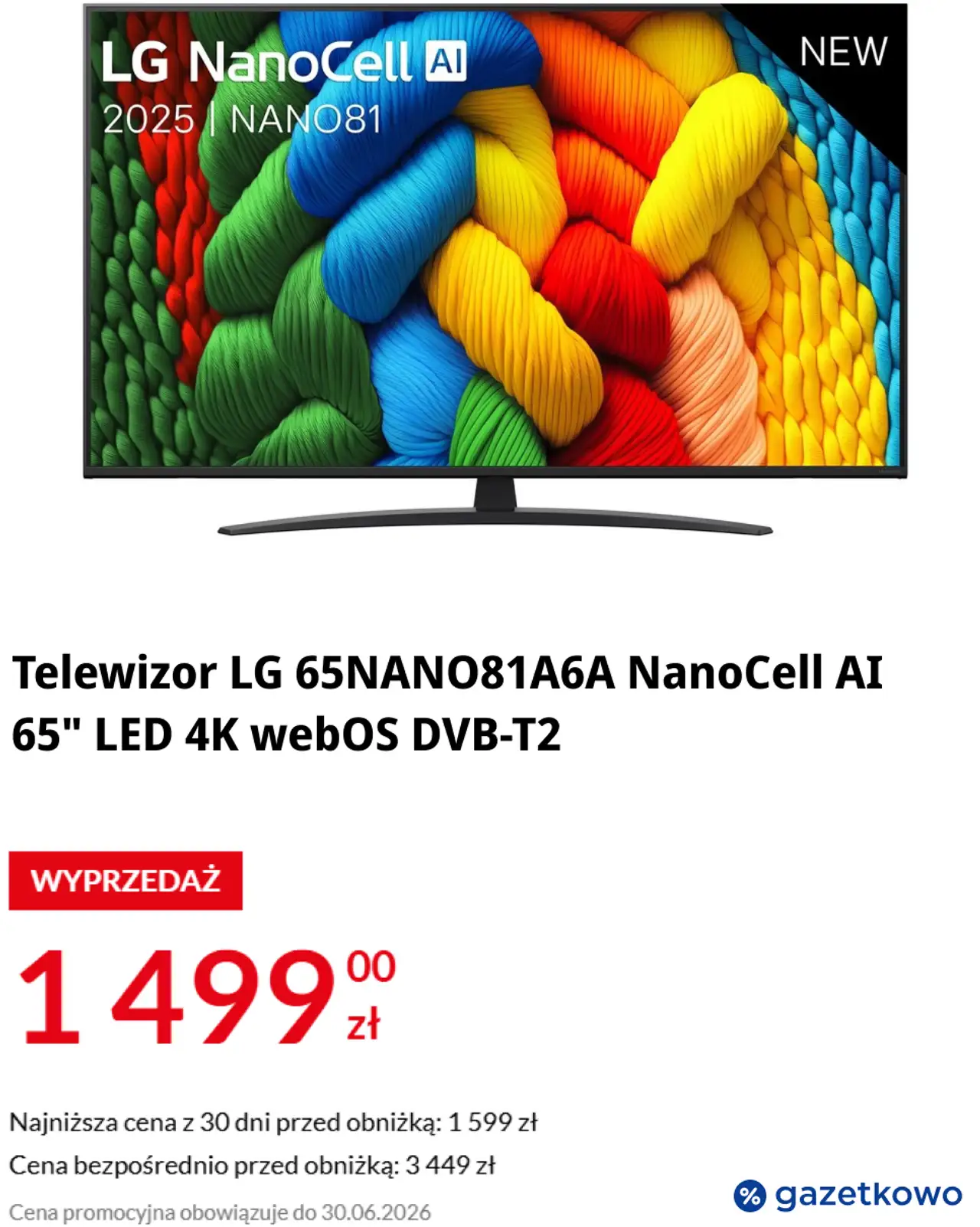 Telewizor LG 65NANO81A6A NanoCell AI 65" LED 4K webOS DVB-T2