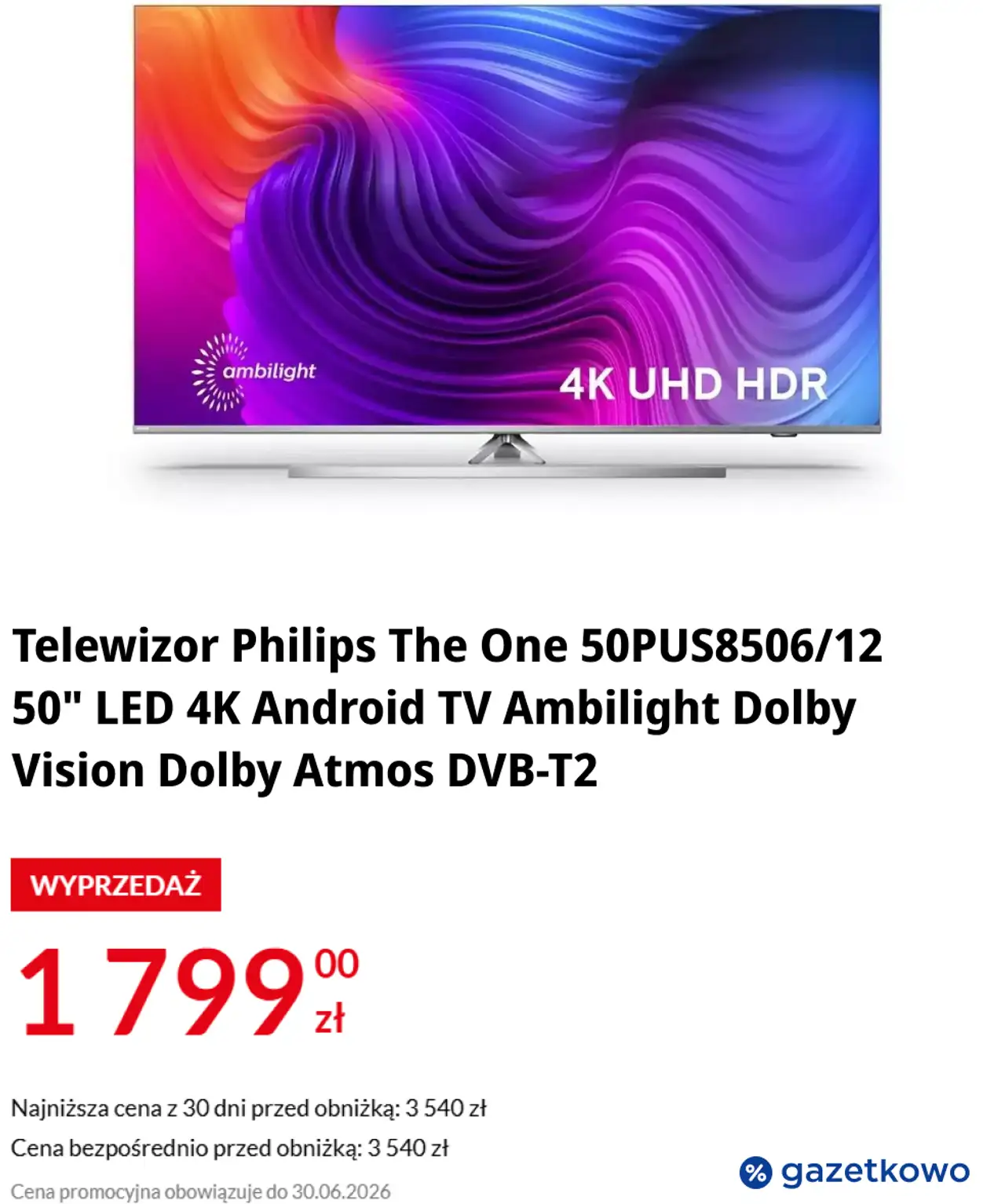 Telewizor Philips The One 50PUS8506/12 50" LED 4K Android TV Ambilight Dolby Vision Dolby Atmos DVB-T2
