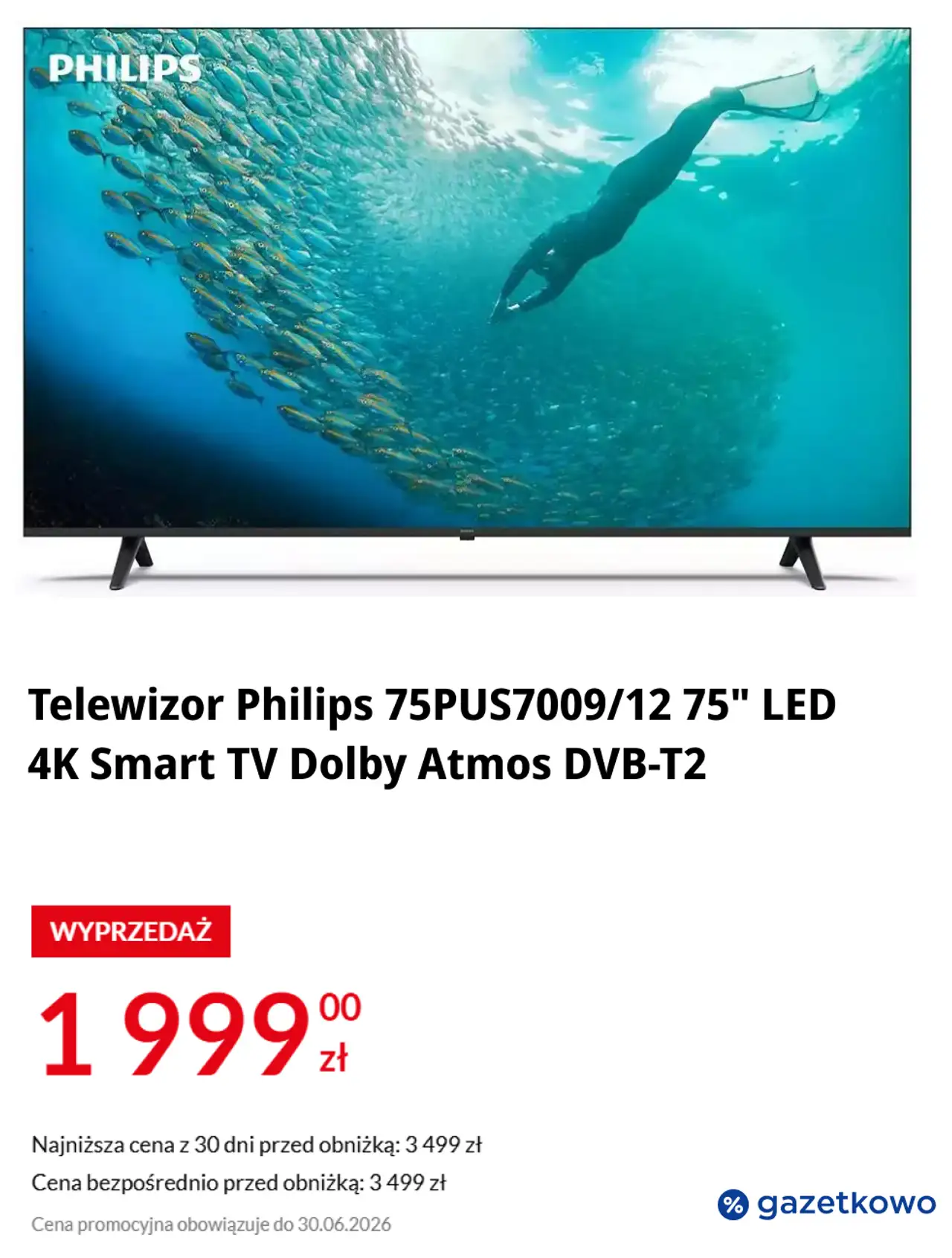 Telewizor Philips 75PUS7009/12 75" LED 4K Smart TV Dolby Atmos DVB-T2