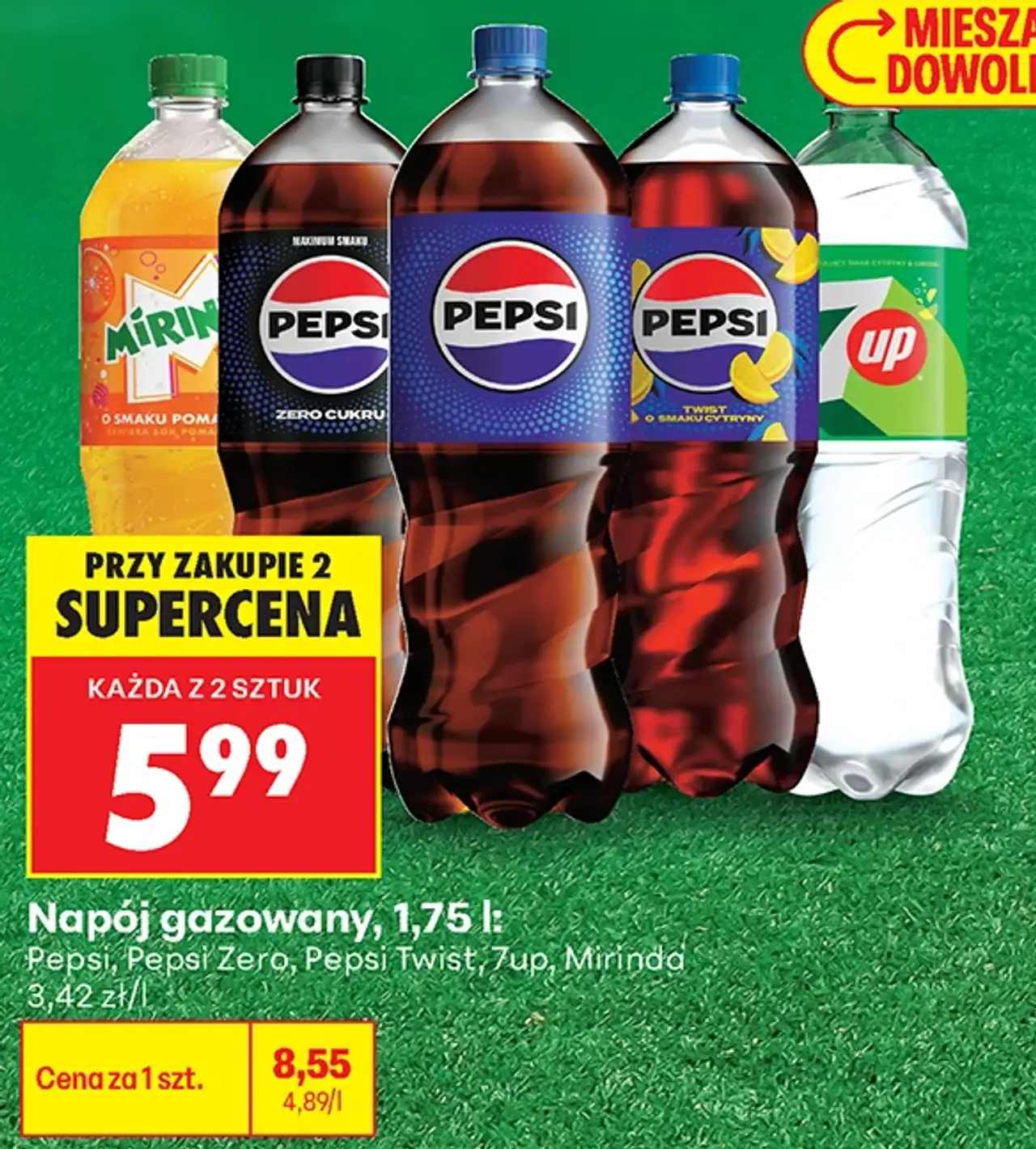 Napój gazowany Pepsi, Pepsi Zero, Pepsi Twist, 7up, Mirinda, 1,75 l