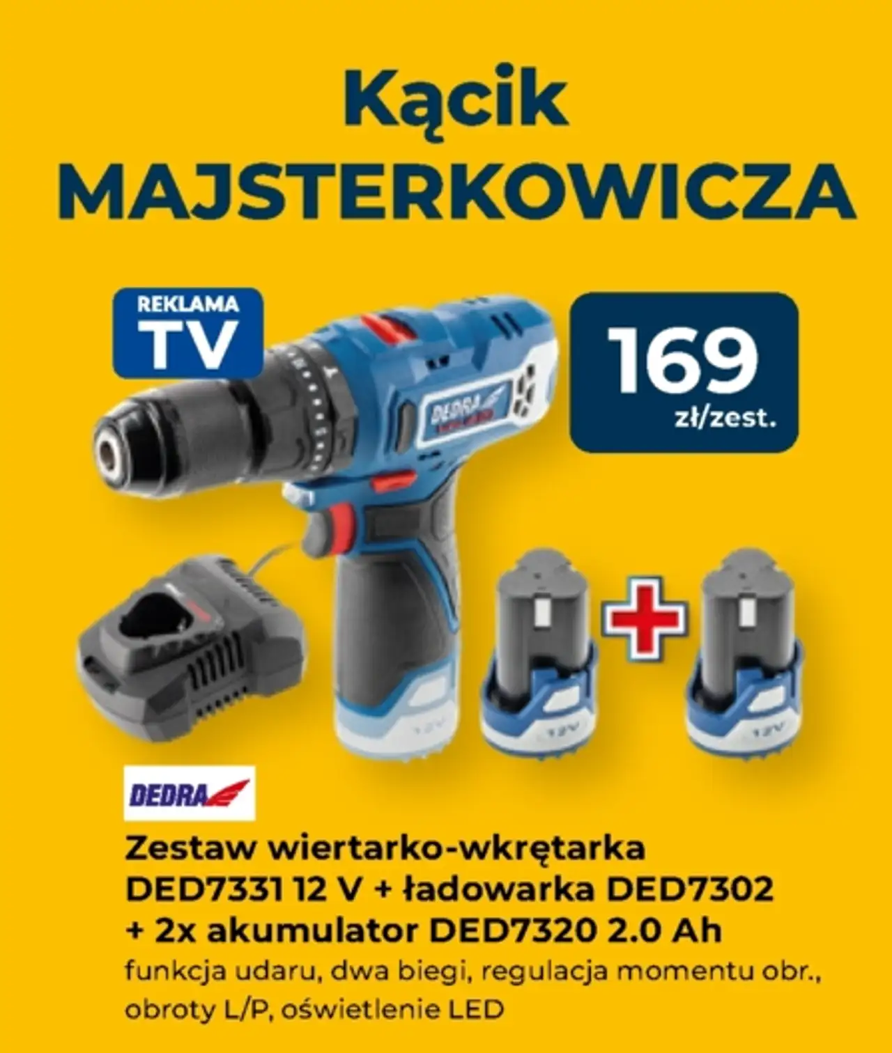 Zestaw wiertarko-wkrętarka DED7331 12 V + ładowarka DED7302 + 2x akumulator DED7320 2.0 Ah