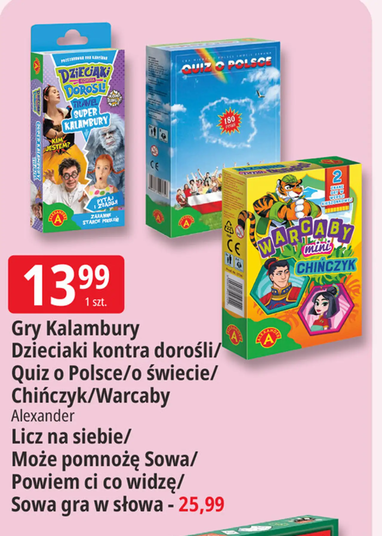 Gry Kalambury Dzieciaki kontra dorośli/ Quiz o Polsce/o świecie/ Chińczyk/Warcaby