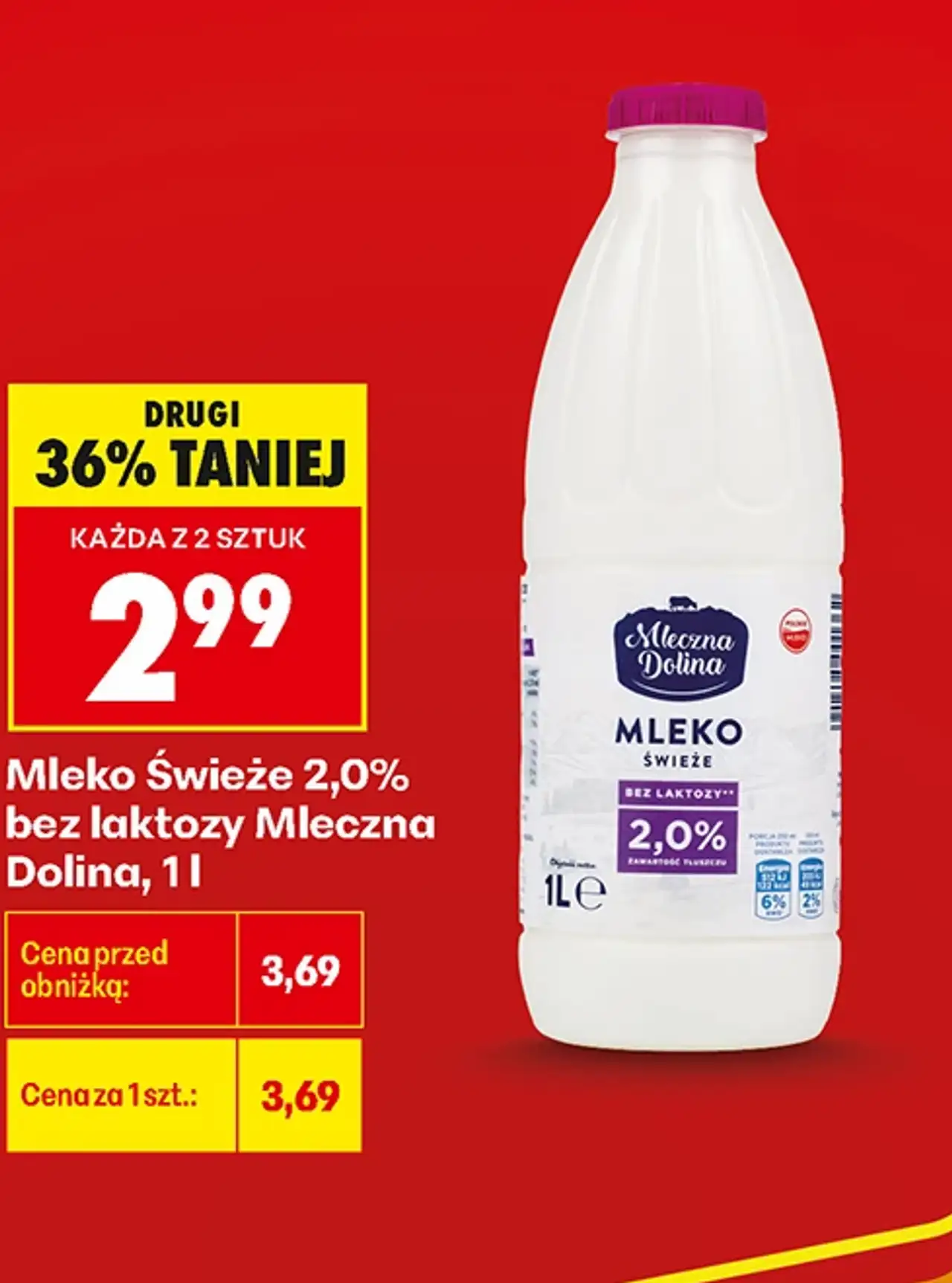 Mleko Świeże 2,0% bez laktozy Mleczna Dolina, 1 l
