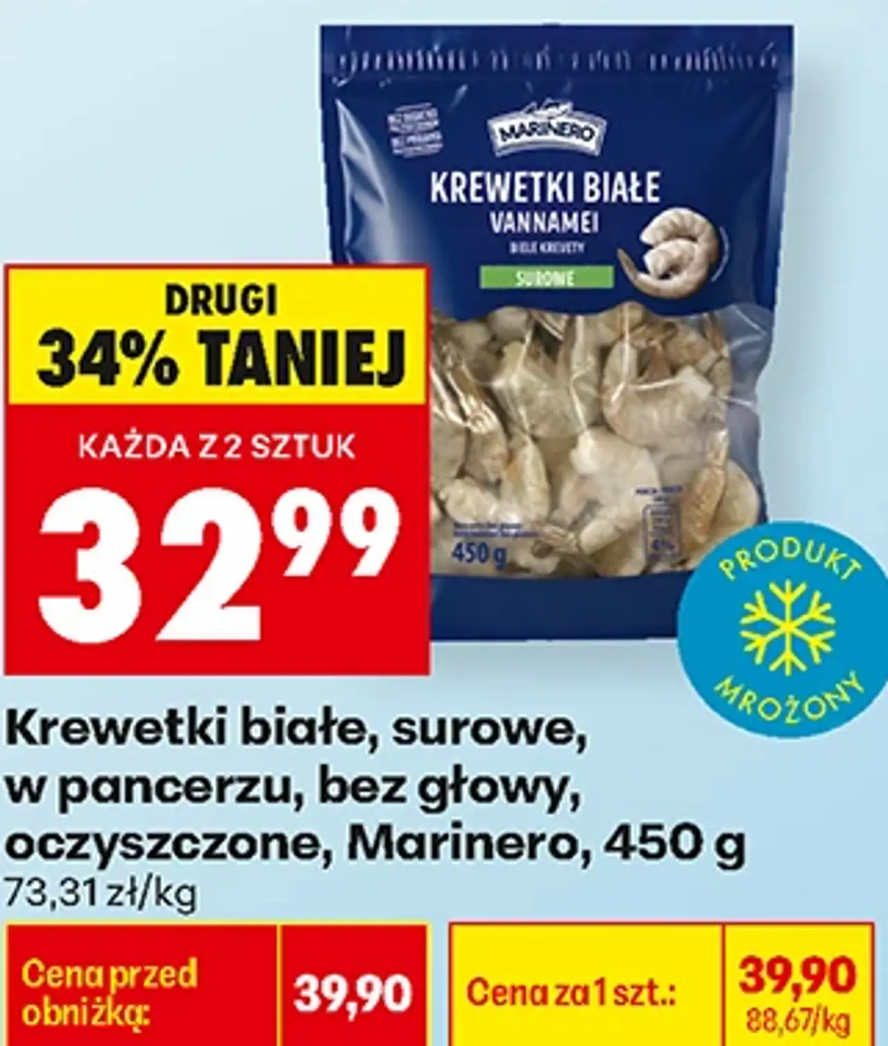 Krewetki białe, surowe, w pancerzu, bez głowy, oczyszczone, Marinero, 450 g